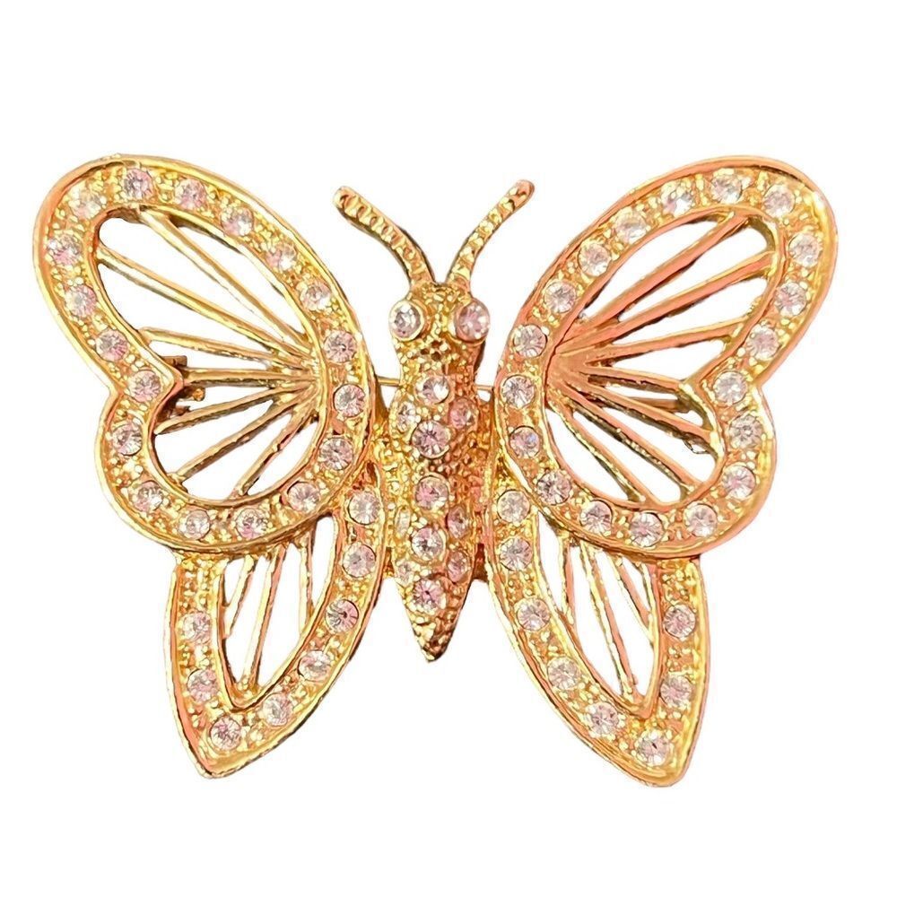 Vintage Roman Gold Tone Rhinestone Butterfly Brooch